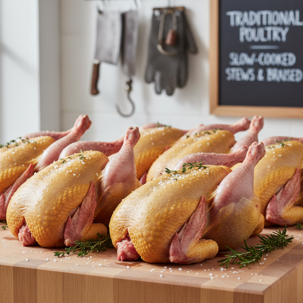 Firm and flavourful roosters, preferred for traditional long-simmered dishes.