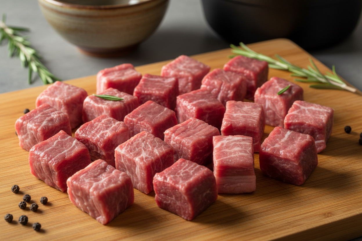 Hand-diced lamb pieces, perfectly sized for a traditional curry or stew.